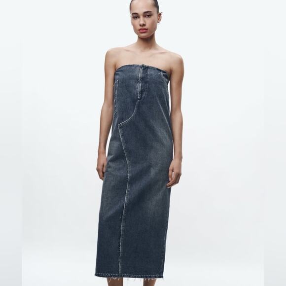 ZARA TRF TOPSTITCHED DENIM DRESS LIMITED EDITION - Picture 1 of 15